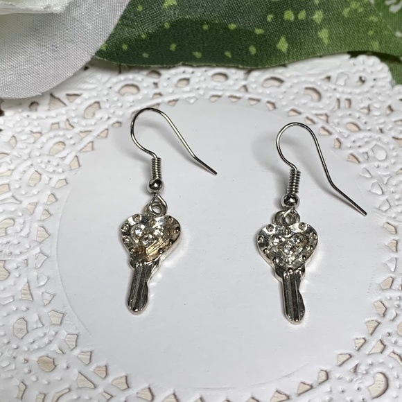 Aged Love Heart Key Earrings, with Crystal accents - Picture 2 of 7